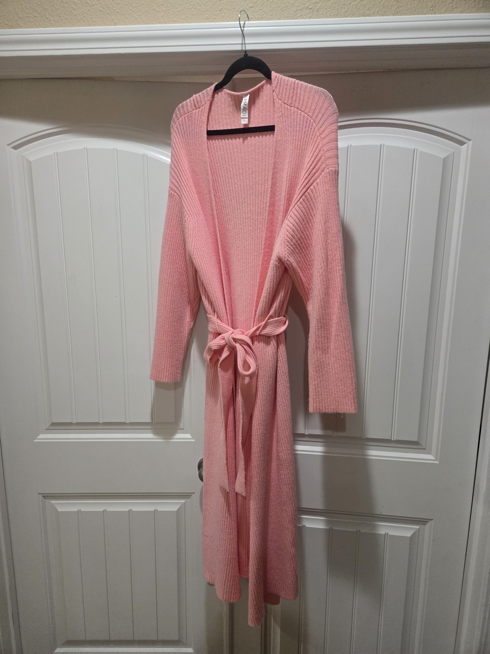 AMADI of Anthropologie Women's Pink Ribbed Knit Sweater Coat w/ Belt Size L EUC